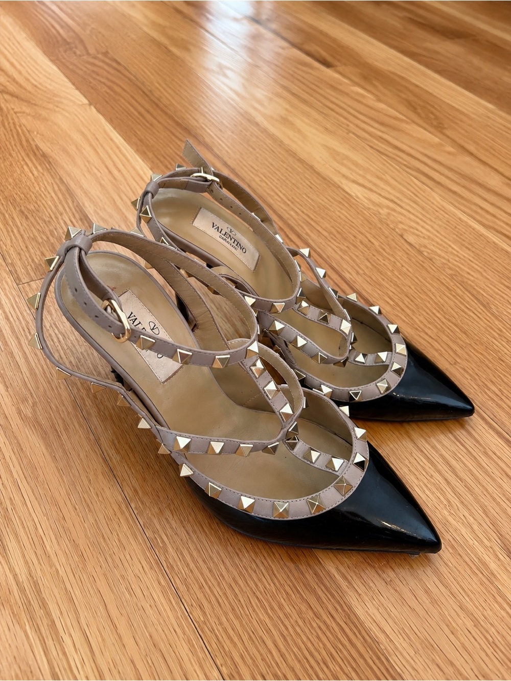 Valentino Black Patent Pointed‎ Heel with Nude Studded Straps